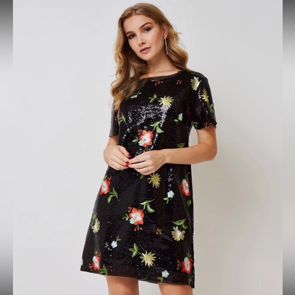 ZARA Black Sequin & Embroidered Floral Shift Dress